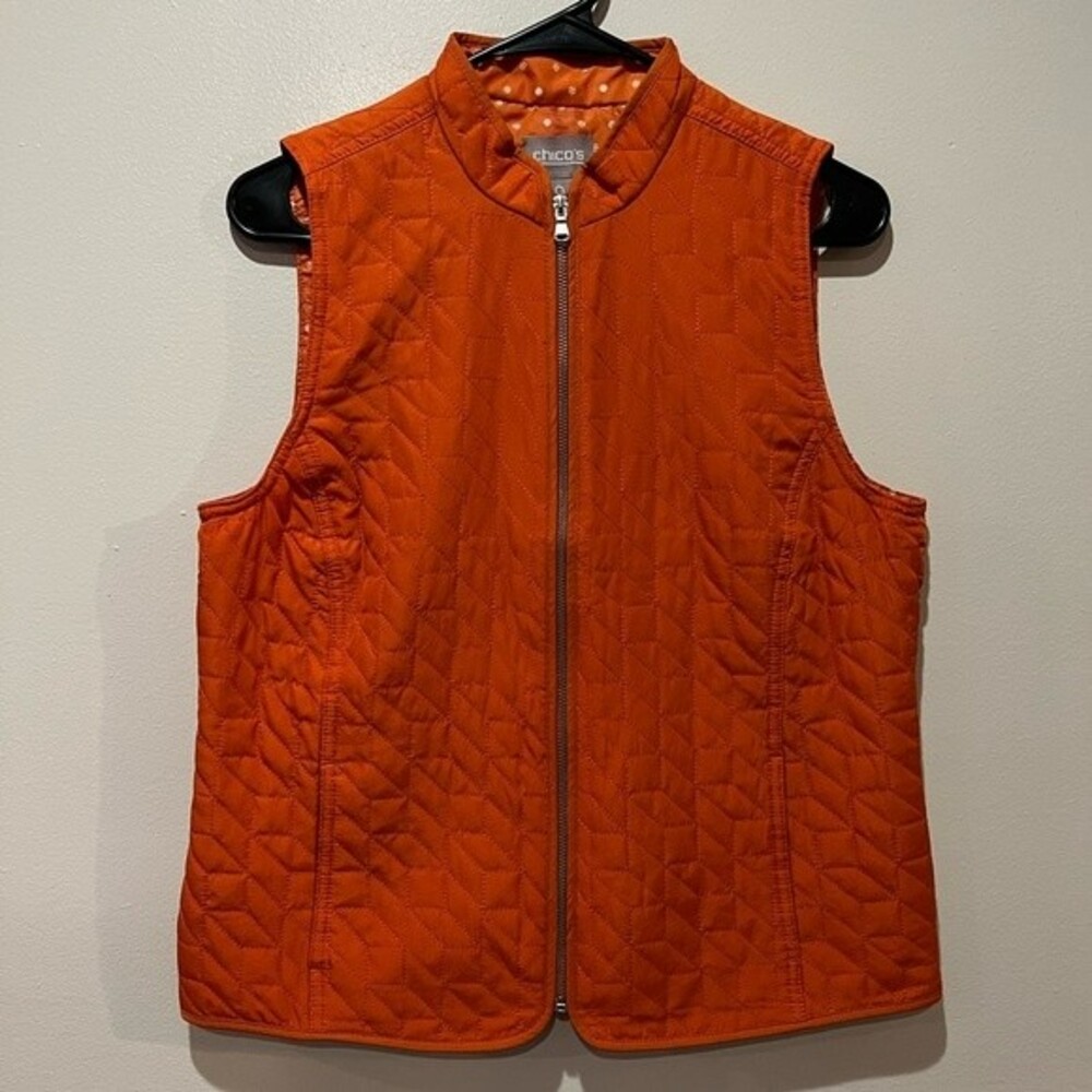 Chicos Full Zip Vest Orange Quilted Sleeveless Polyester Pockets Casual Sz 0 Sm